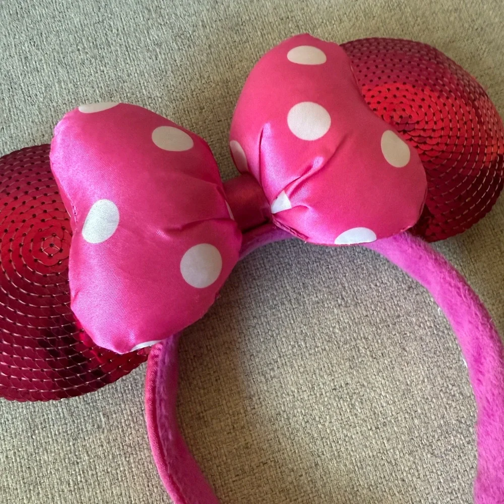 Minnie Mouse Hot Pink Sequin Ears with Polka Dot Bow Headband, Adult OS
